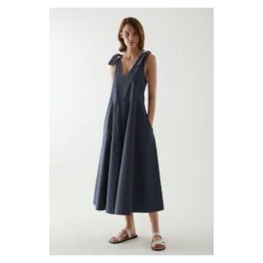 COS Navy Blue Tie Shoulder V-Neck wide leg jumpsuit Minimalist Cotton Blend